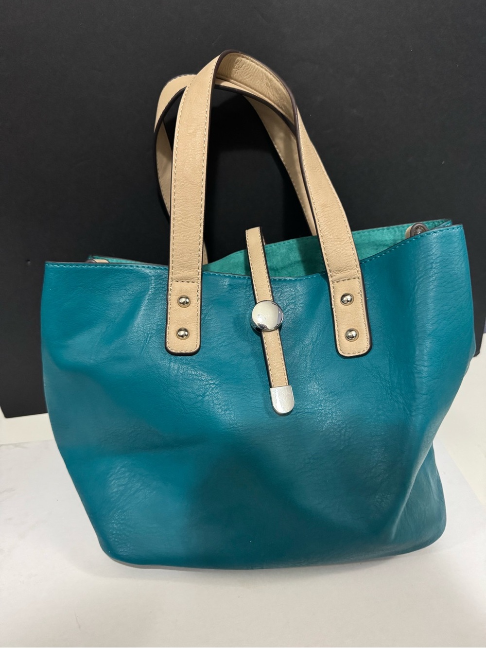 Teal Faux Leather bag within a bag and Beige short and long Straps